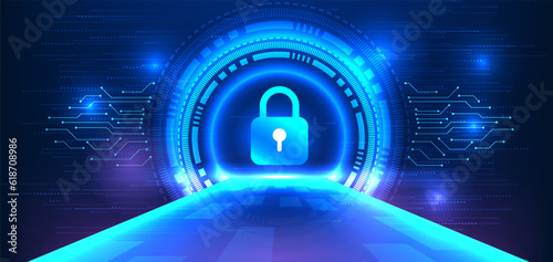 Lock within a technology circle and side circuit. A bridge forefronts the entry to the information system, guarded by a lock symbolizing cyber security and data privacy