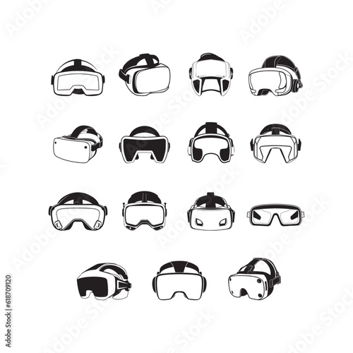 Isolated vr headset logotype set. virtual reality helmet logo. head-mounted display icon collection. device