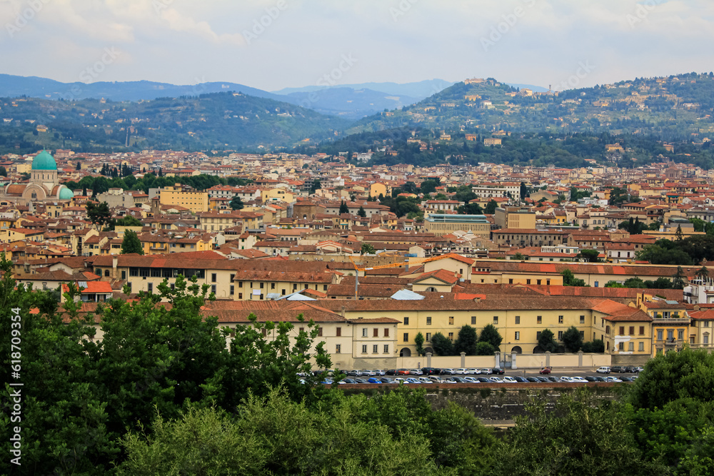 Florence cityscape and skyline panorama during summer time. Panoramic view of  Florence from Michelangelo Square, Tuscany. The wonderful artistic and historical Florence city in Italy. Travel scene.
