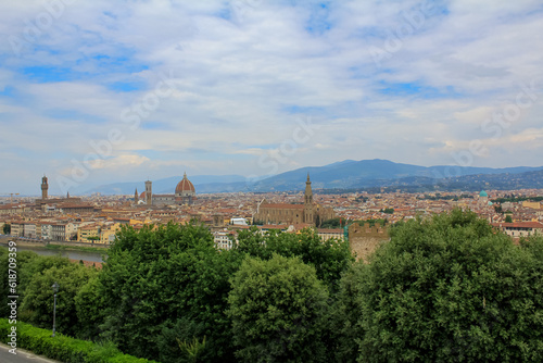 Florence cityscape and skyline panorama during summer time. Panoramic view of Florence from Michelangelo Square, Tuscany. The wonderful artistic and historical Florence city in Italy. Travel scene.