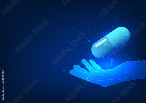 Technology background with a hand holding a pill, symbolizing modern medical assistance and futuristic healthcare.