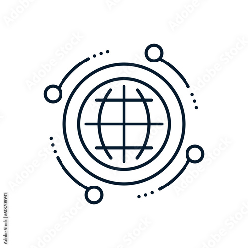 Worldwide computer network concept. Vector linear icon isolated on white background.