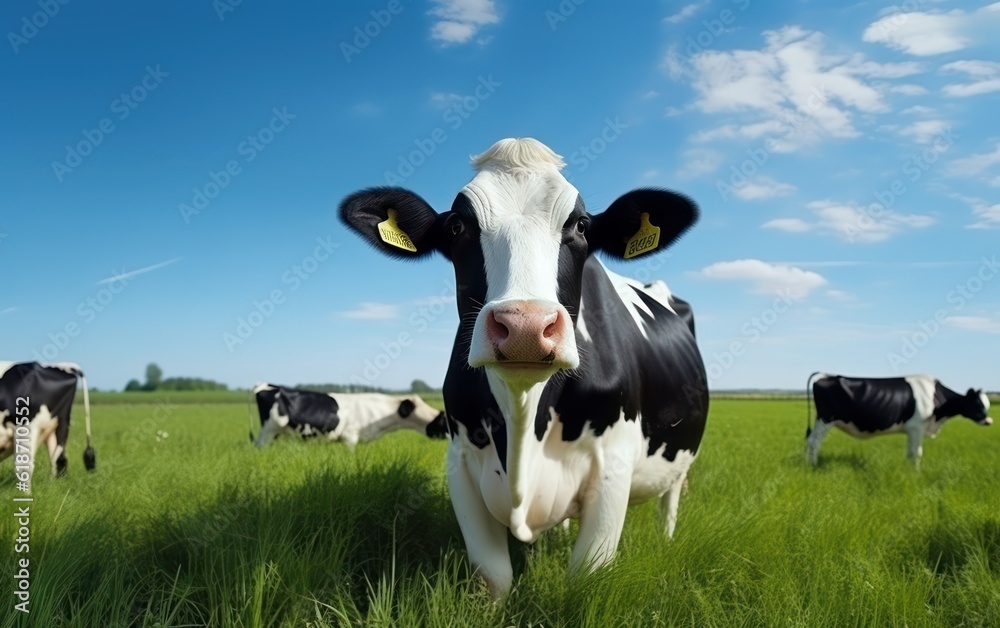 Portrait of cow on green grass with blue sky