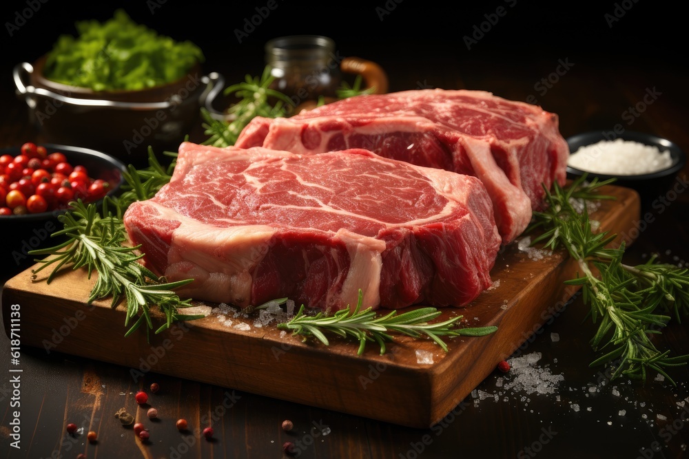 Raw meat, veal ossobuco, on a wooden cutting board. Generative AI