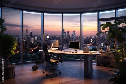 Modern office with a view of the city. Generative AI