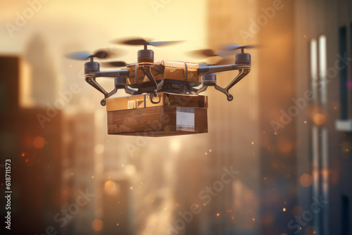 Futuristic Drone Delivery Revolutionizing Business Air Transportation with Unmanned Aircraft Robots, package flying through the air off a drone Generative AI