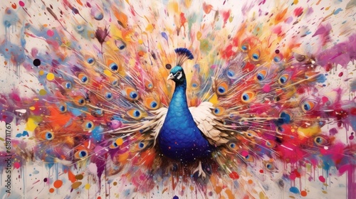 peacock  form and spirit through an abstract lens. dynamic and expressive peacock print by using bold brushstrokes, splatters, and drips of paint.  peacock raw power and untamed energy