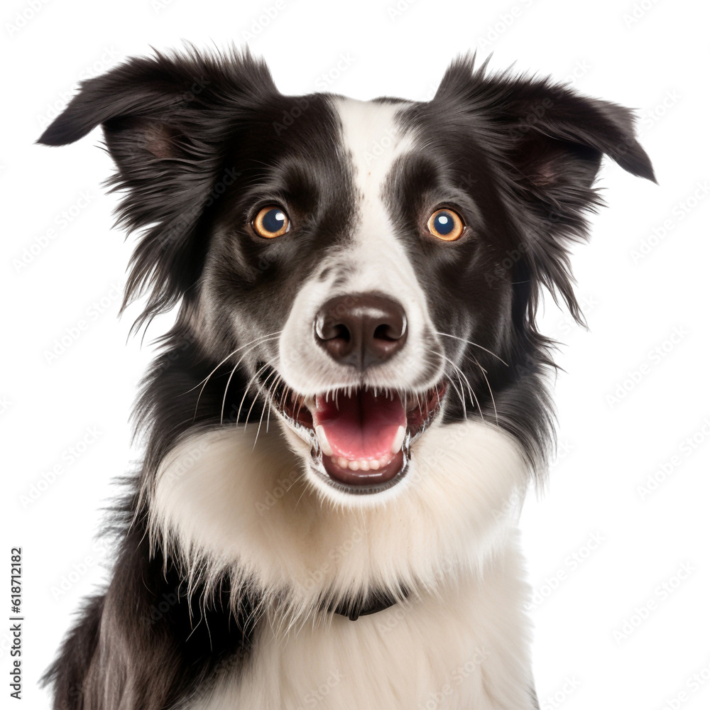 Black and white Border Collie dog isolated on transparent background, Happy surprised smiling dog over white background for banner, design, advertisement, website, front view. generative ai