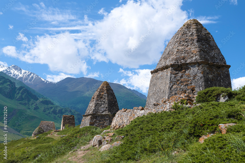 Ancient crypts in the vicinity of the mountain village of the El-Tubyu. Kabardino-Balkaria, Russian Federation