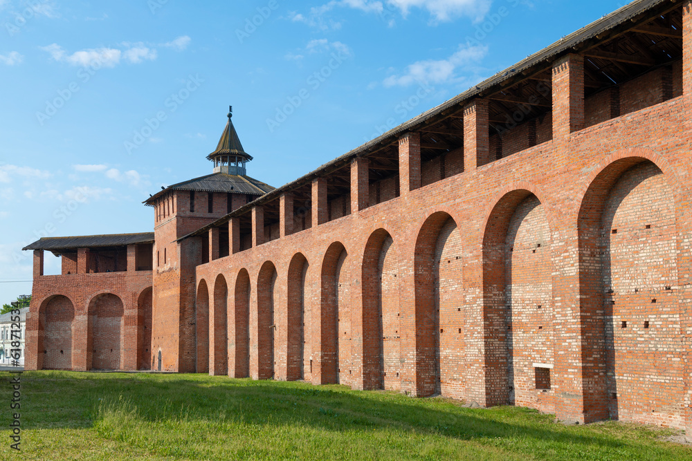 Fragment of the ancient wall of the Kolomna Kremlin on a sunny June day. Kolomna. Moscow region, Russia