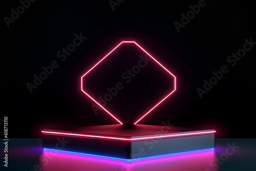 3d isolated ring in red in black background, rendering, frame, neon, presentation, background 