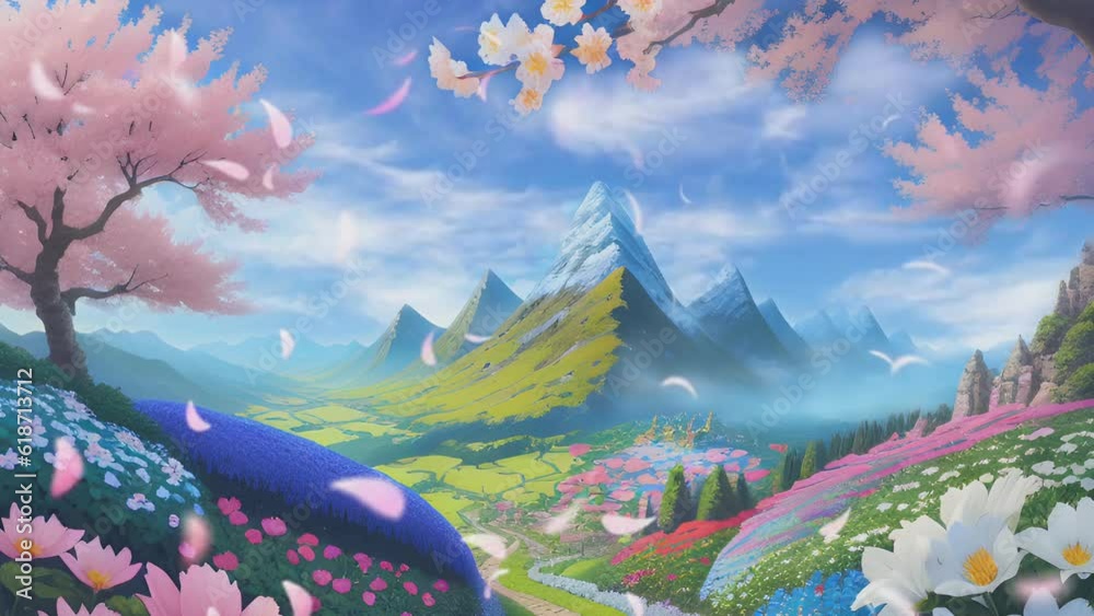 Beautiful fantasy spring nature landscape and cherry blossom tree animated background in Japanese anime watercolor painting illustration style. seamless looping video animated background.