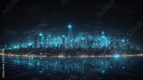  urban architecture, cityscape with space and neon light effect. Modern hi-tech, science, futuristic technology concept.