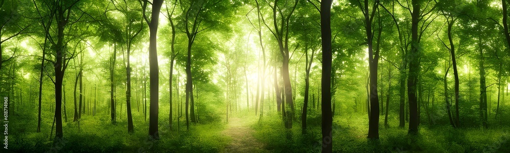 Naklejka premium 自然の緑の林の間から差し込む陽の光