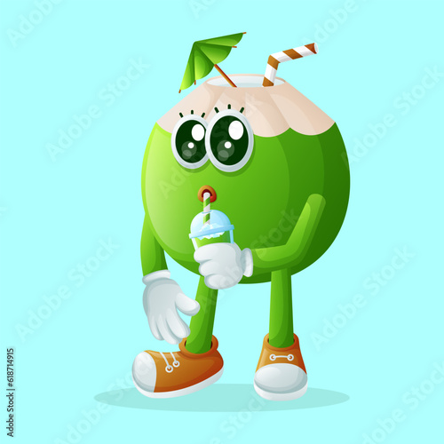 Cute coconut character drinking a green smoothie with a straw