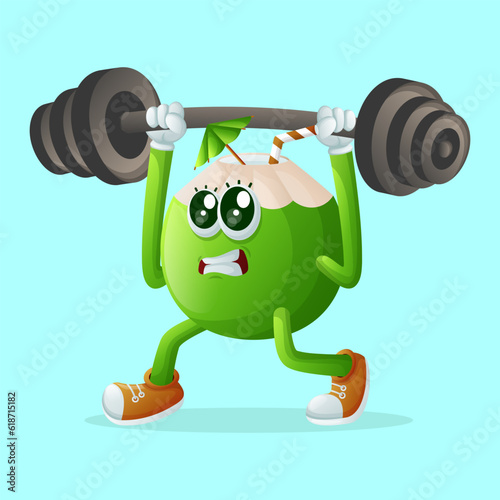 Cute coconut character lifting weights