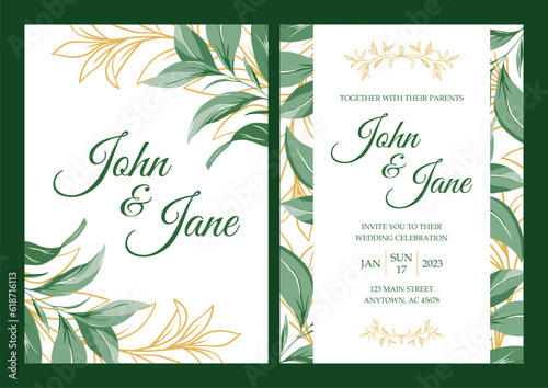 Elegant wedding invitation desing on white background with green and gold branches