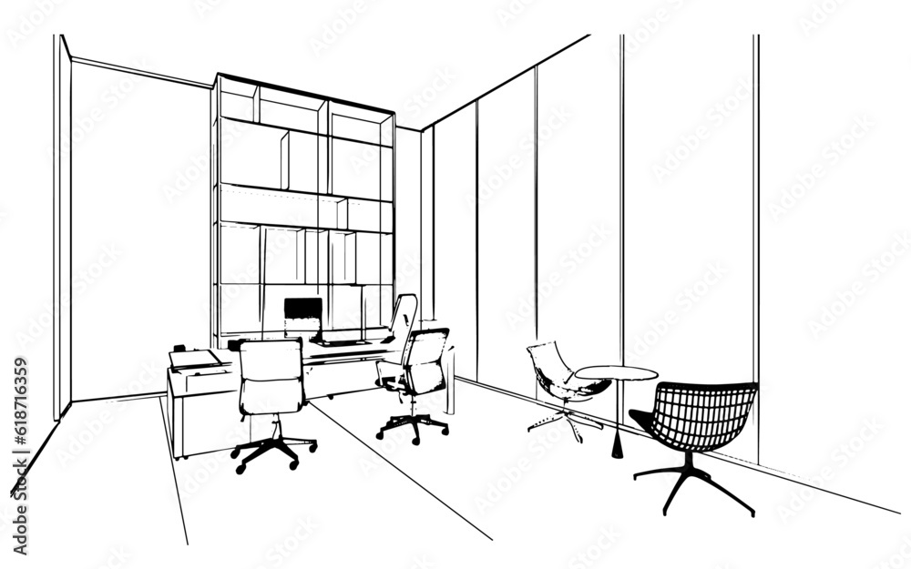 Line drawing of an executive office in a business office building,3d rendering