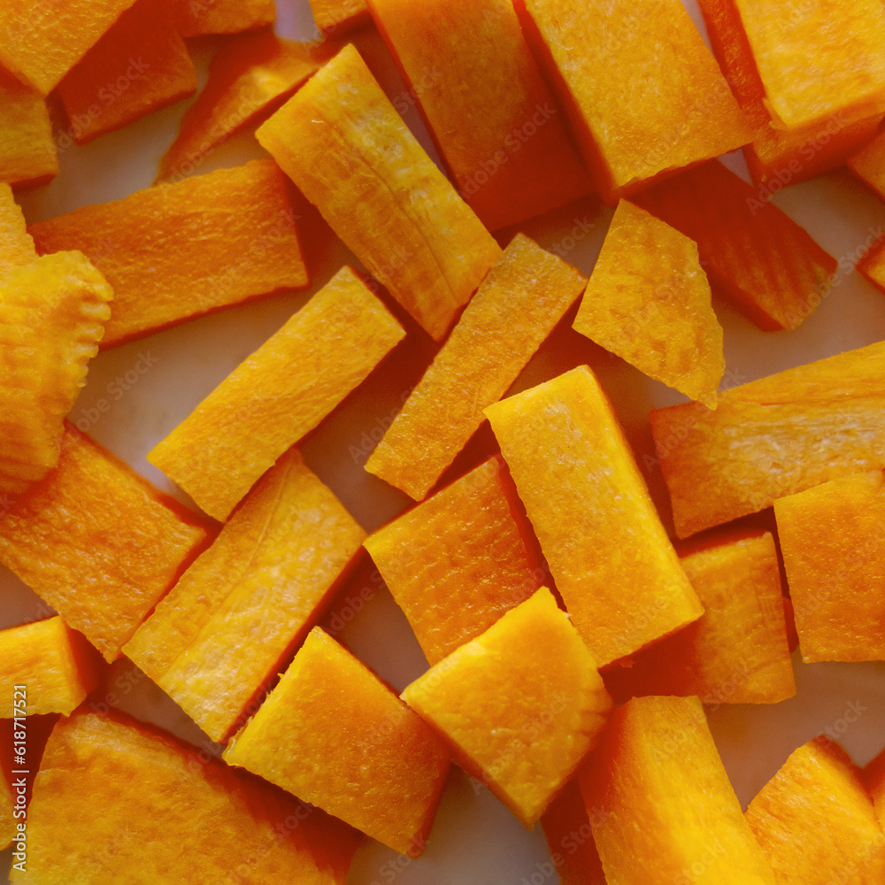 carrot cut into cubes close-up. A set of vitamins. Vegan food. Healthy food. Square image. carrot cut into cubes close-up. A set of vitamins. Vegan food. Healthy food. Square image.