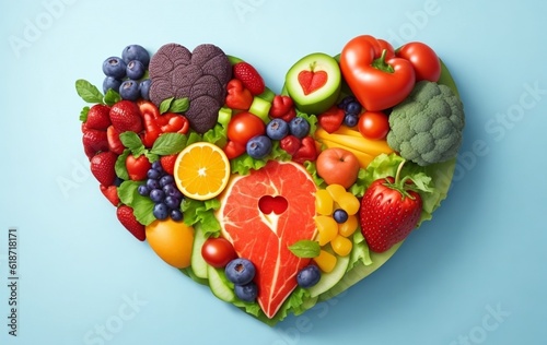 Heart shaped by various vegetables and fruits. vegetable good for the heart. healthy heart concept.