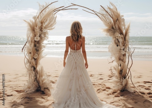 Wedding boho arc decoration on the beach and bride , AI generated