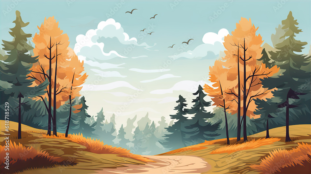 wild forest nature background illustration for web and social media banner, presentation template, summer card template, travel and holiday ads.