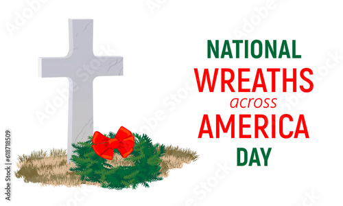 A tombstone in the shape of a cross made of gray marble and a wreath of fir branches on national wreaths across America in honor of fallen heroes..