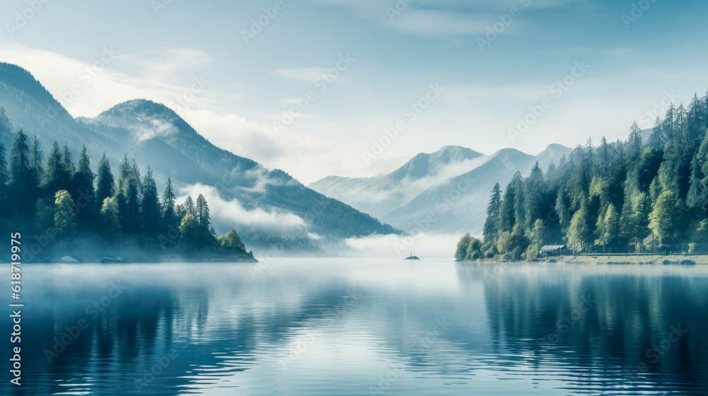 Idyllic meditative alpine landscape with mountain lake, rocks and forest