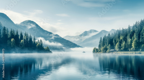 Idyllic meditative alpine landscape with mountain lake  rocks and forest