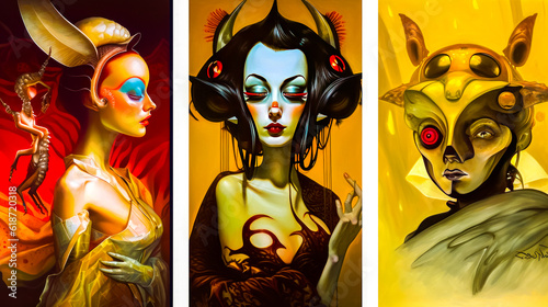 Series of three paintings of woman with horns on her head and demon on her head. Generative AI. photo