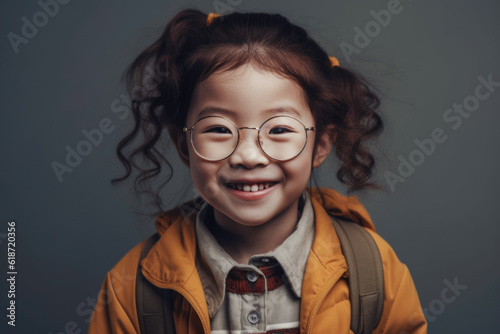  Asian little girl in glasses is ready to go to school with backpack. learning concept. generative AI