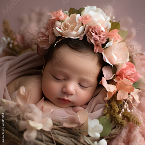 newborn baby posing for photography with pink roses on head  , fictional person created with generative AI © Art