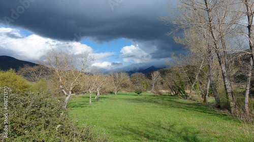 Autumn landscape with grass field and trees  in the mountains under heavy clouds