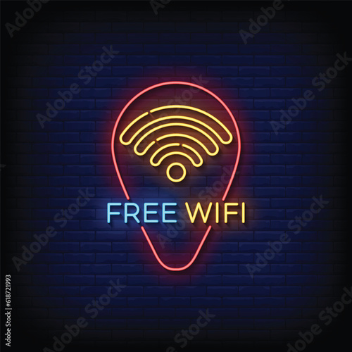 Neon Sign free wifi with brick wall background vector