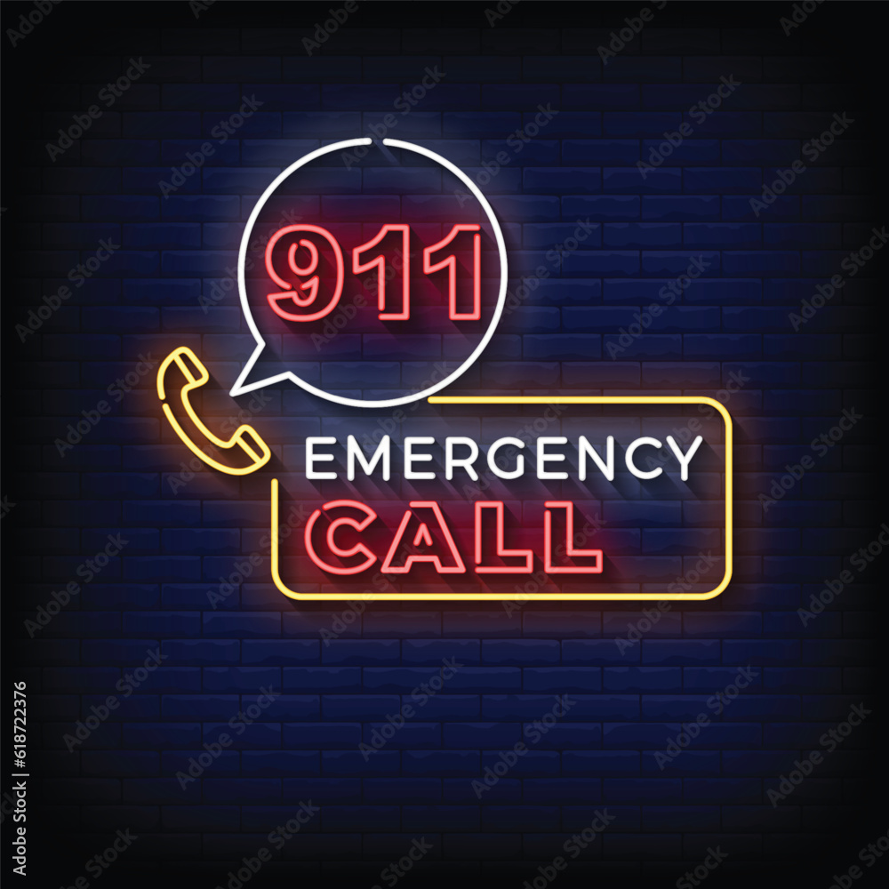 Neon Sign emergency call with brick wall background vector Neon Sign emergency call with brick wall background vector