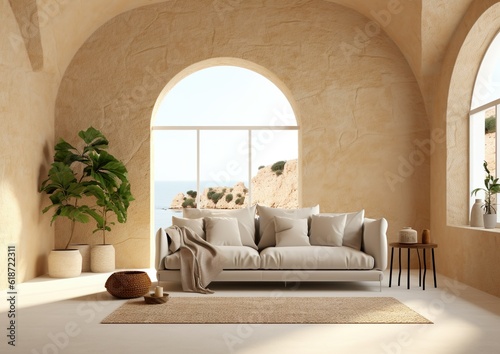 Luxury apartment terrace Santorini Interior of modern living room sofa or couch with beautiful sea view, arched windows and beige stucco wall © lanters_fla