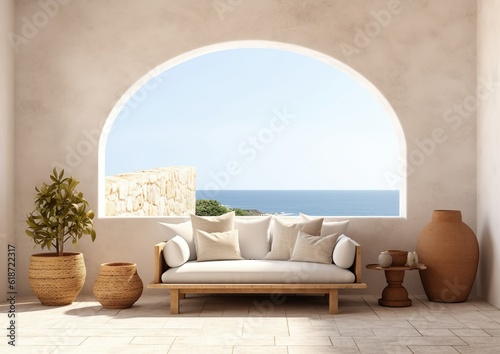 Luxury apartment terrace Santorini Interior of modern living room sofa with beautiful sea view, arched windows and stucco wall, plants in vases