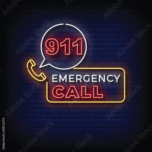 Neon Sign emergency call with brick wall background vector