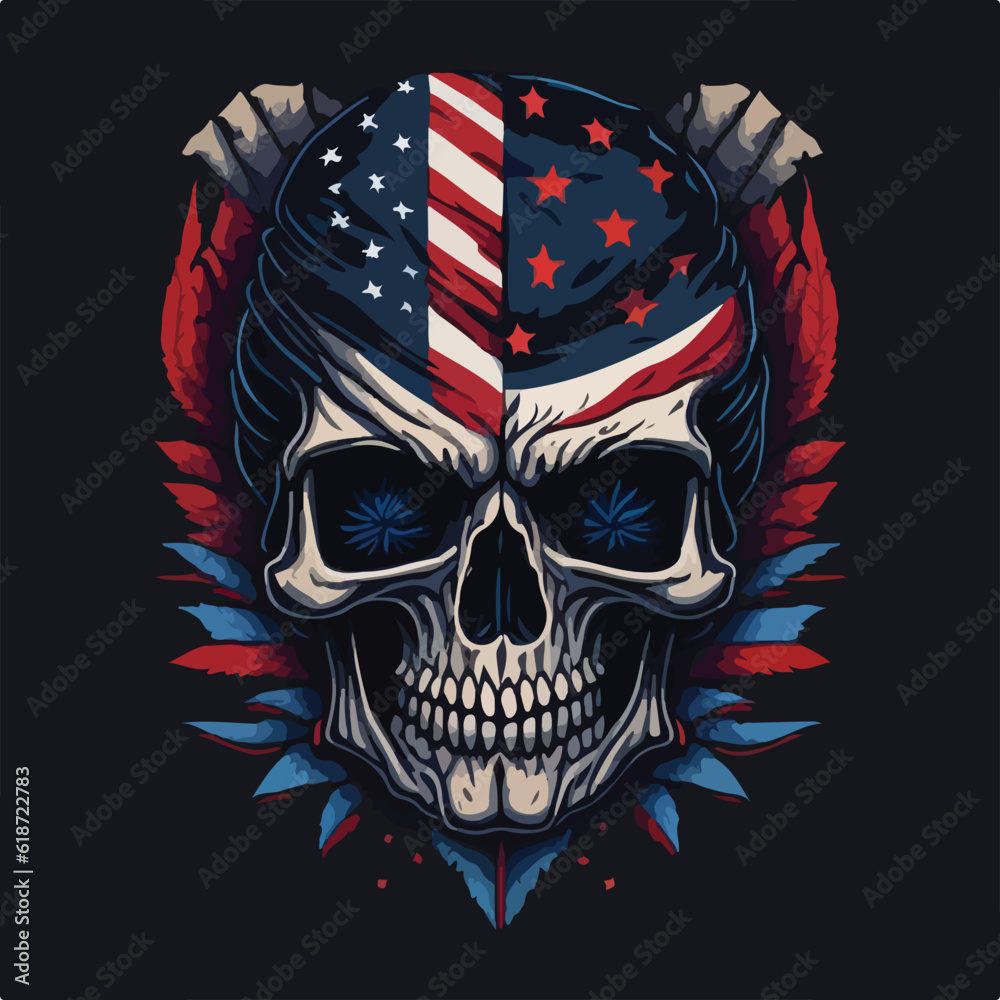 Vintage american skull face art design in vector illustration. Usa biker skull