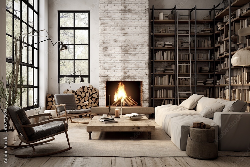 Fototapeta premium Cozy living room interior with fireplace, armchair and bookshelf. Generative Ai