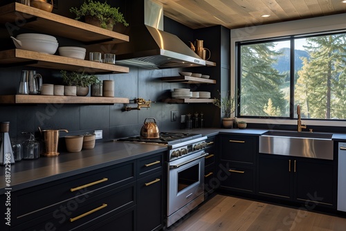 Interior of modern kitchen with black and gray cabinets and wooden floor. Generative Ai