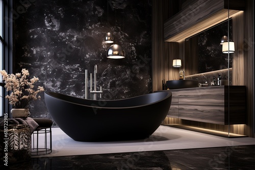 Luxury bathroom interior with black marble walls, concrete floor, black bathtub standing near the window. Generative Ai