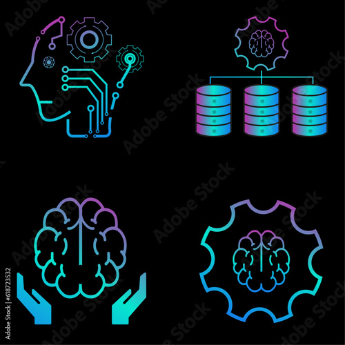 Set of 4 Colorful of pink and blue vector line icons related to AI concepts, and human technology icons, text analytics, and text mining on dark photo