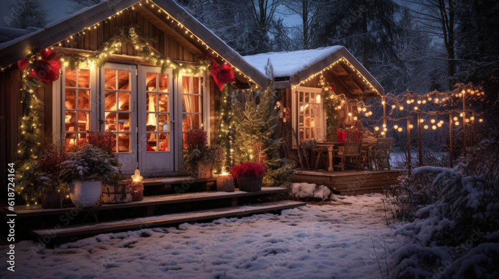 Illustration, AI generation. A large country cottage in the snow at dusk, decorated with Christmas garlands for the New Year.