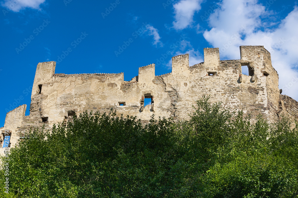 The castle ruins of Lichtenberg in Prad am Stilfser Joch ( Italian: Castello di Montechiaro a Prato allo Stelvio ).  South Tyrol, Italy