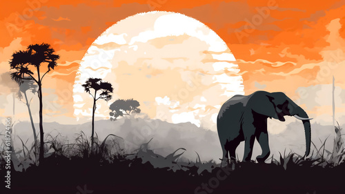 Elephant in the savanna at sunset. Illustration.