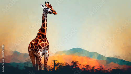 A giraffe in front of a background of mountains. Illustration. © art4all