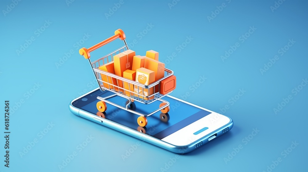 Digital Commerce Made Easy, Online Shopping Concept, 3D Rendered on a Smartphone, Enhanced with a Cool Blue Background, generative ai Digital Commerce Made Easy, Online Shopping Concept, 3D Rendered on a Smartphone, Enhanced with a Cool Blue Background, generative ai