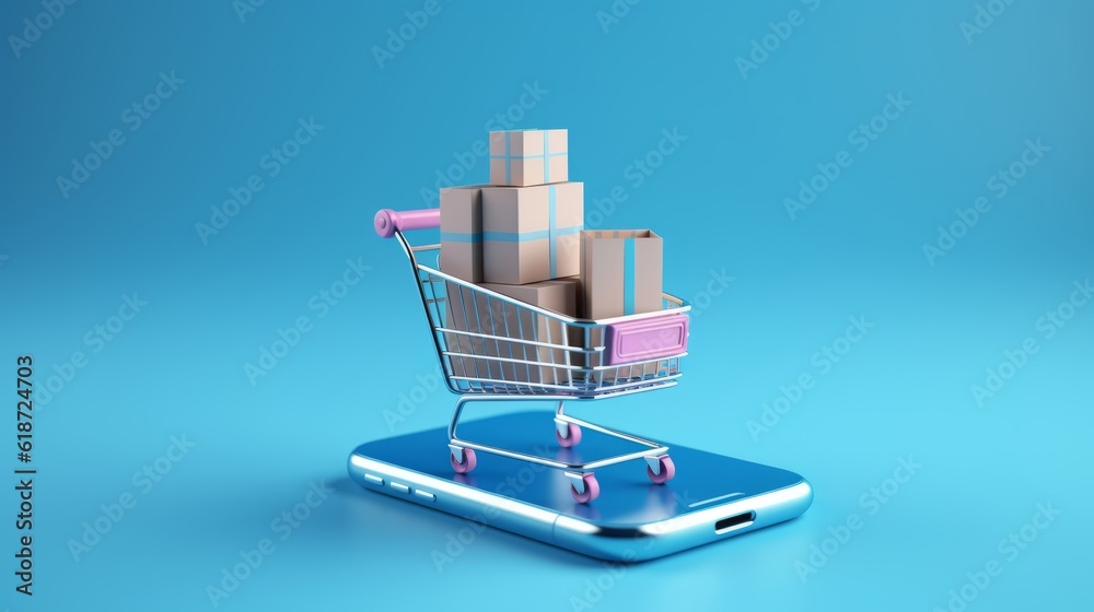 Digital Commerce Made Easy, Online Shopping Concept, 3D Rendered on a Smartphone, Enhanced with a Cool Blue Background, generative ai