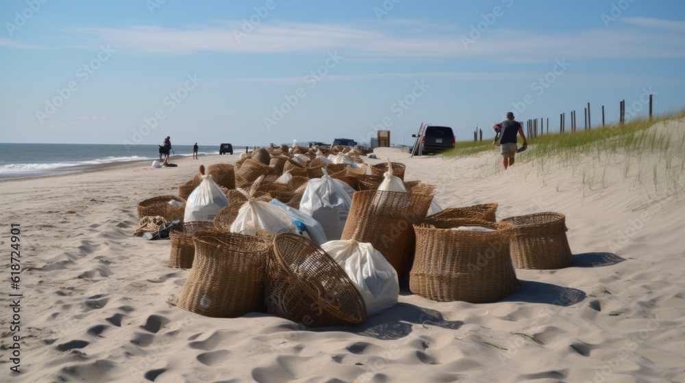 Ecology volunteers cleaning beach from plastic garbage and trash. Group of active people cleaning seaside. Ecology protection movement and ocean pollution problems concept. Ecology volunteers cleaning beach from plastic garbage and trash. Group of active people cleaning seaside. Ecology protection movement and ocean pollution problems concept.
